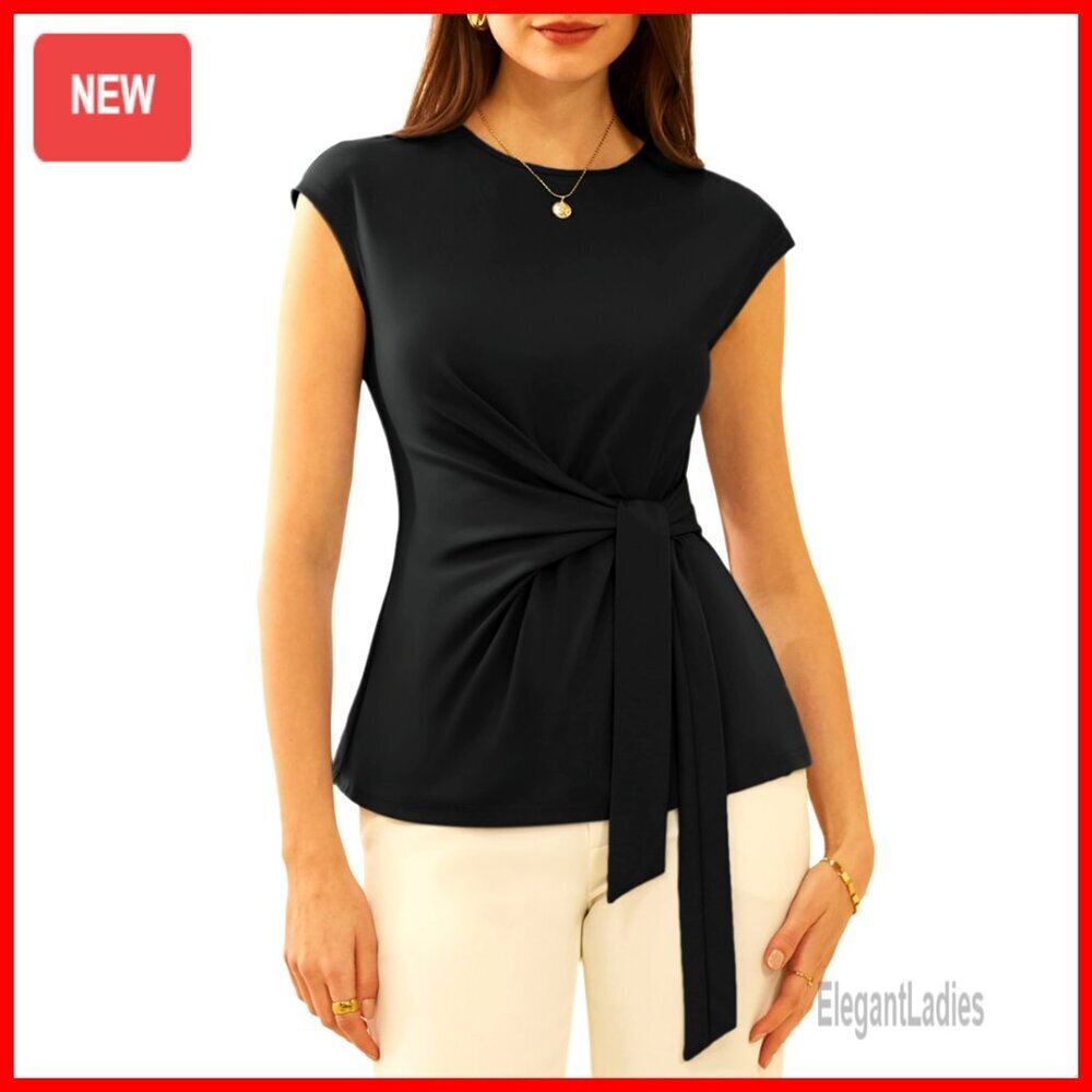 Cap Sleeve Tie Waist Blouse for Work Casual Summer Wear